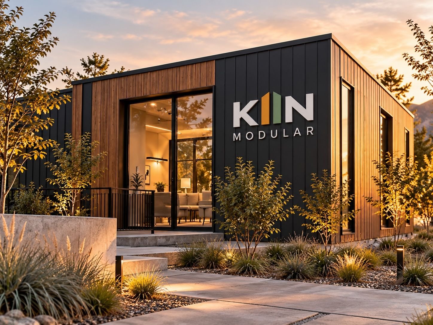 Bâtiment Kiin Modular avec revêtement noir et bois au coucher du soleil / Kiin Modular building with black and wood cladding at sunset